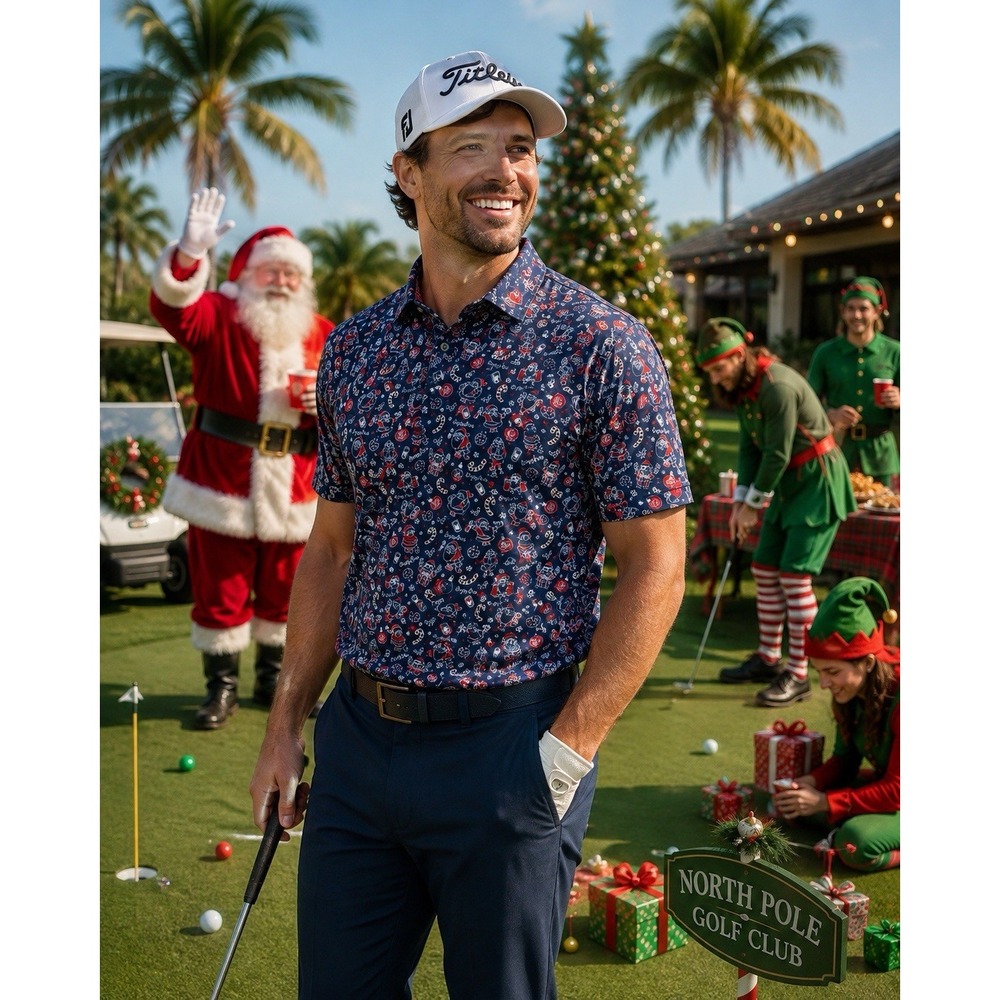 Bogey Bros Golf Polo Shirt Mens XL DRINKS CANDY Santa Claus AOP Christmas